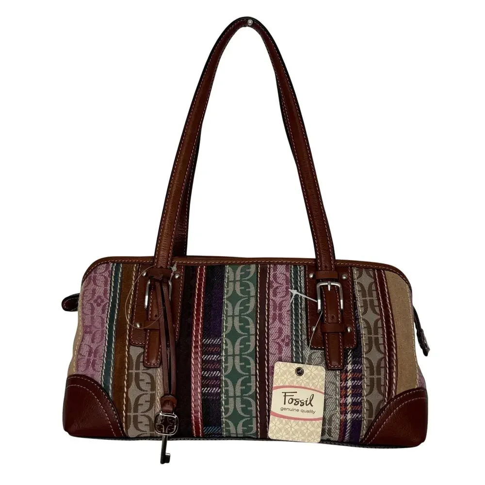Fossil Signature Patchwork Double Handle Satchel Bag NWT Y2K Multicolor